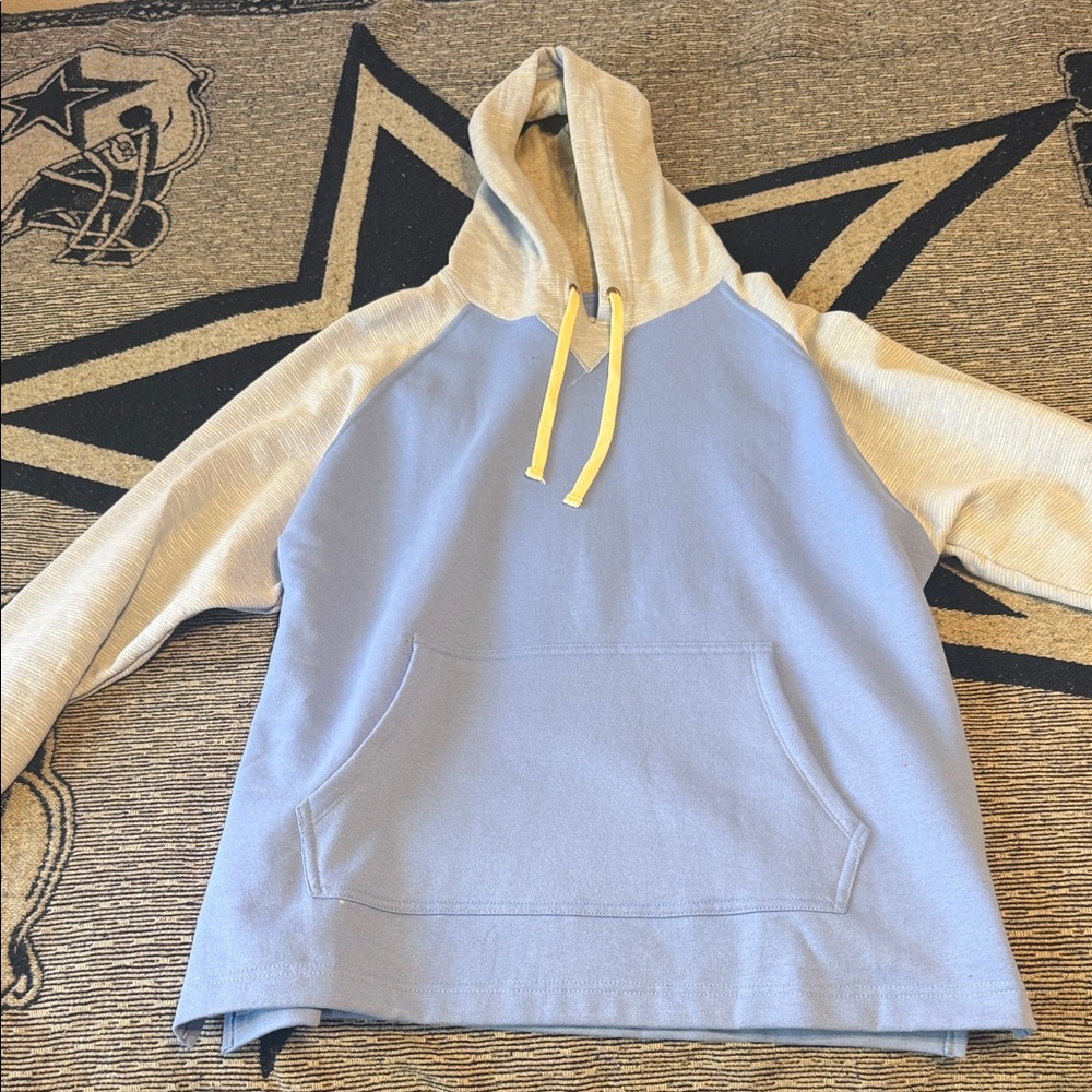 Blue and Gray Hoodie with Yellow Drawstrings